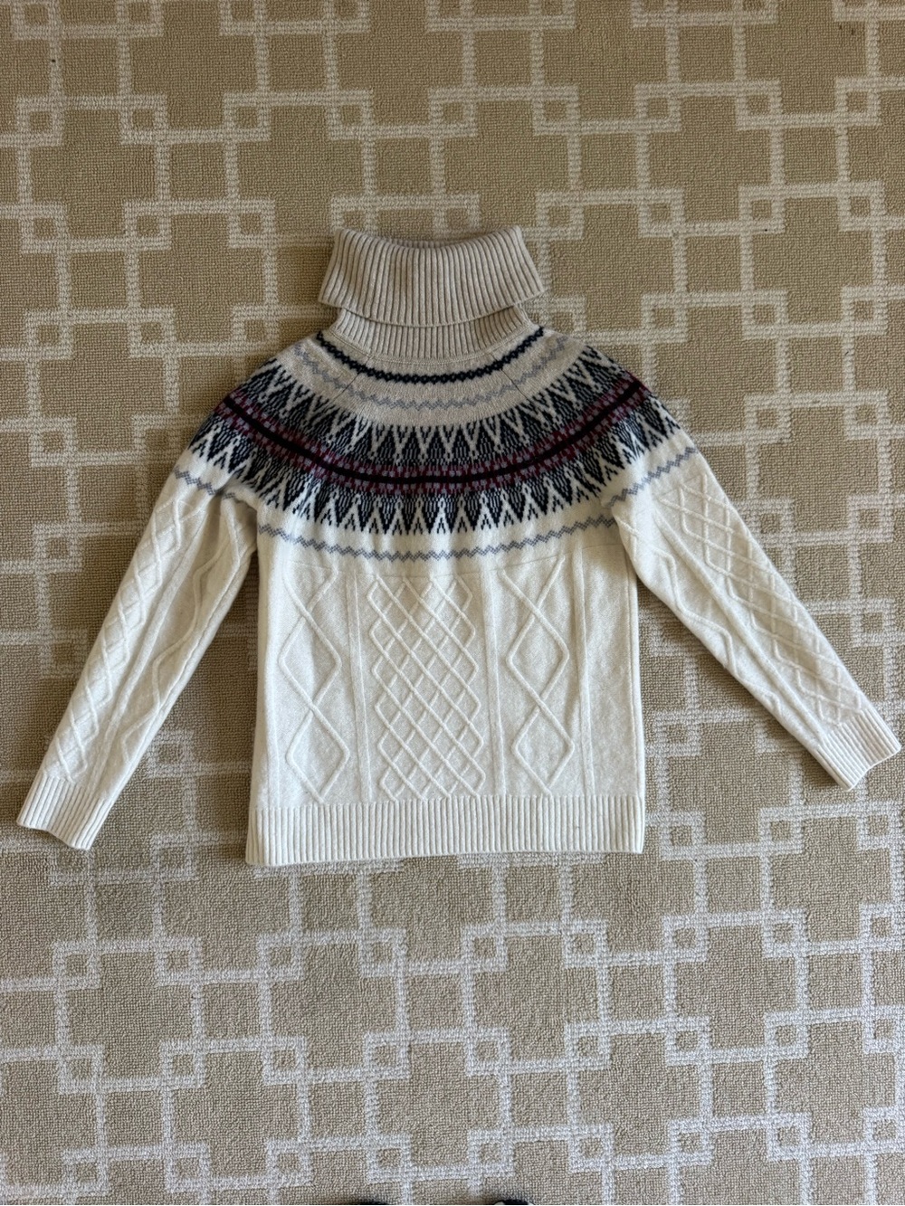 Orvis 100% Cashmere Fair Isle Cable Knit Turtleneck Sweater Ivory Medium - Picture 4 of 10